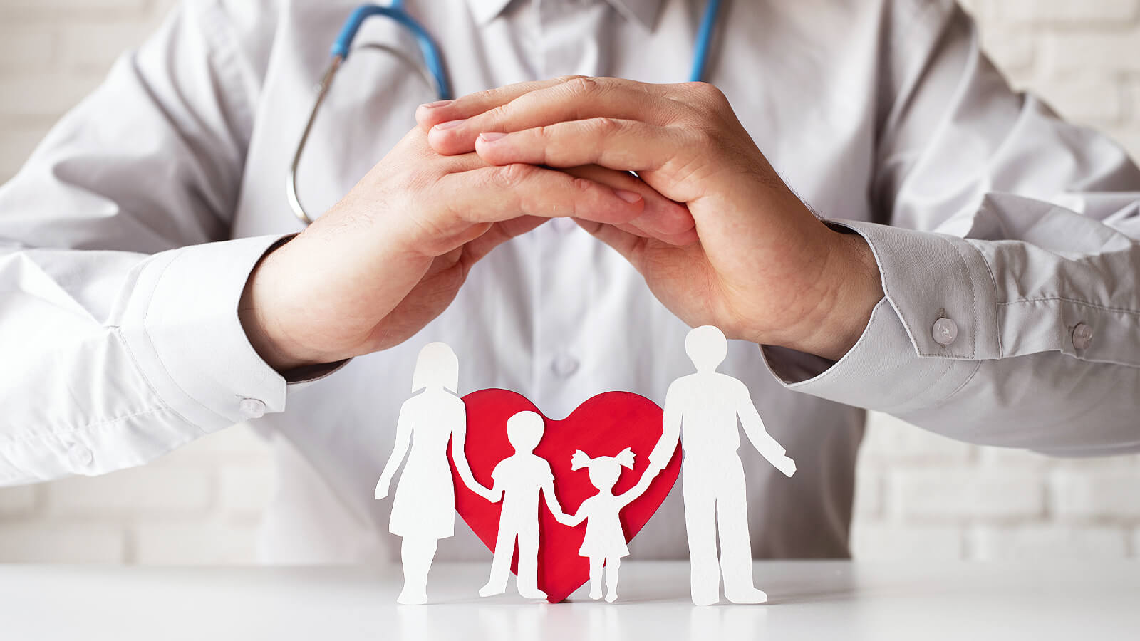 Image with family heart icon and doctor in the background